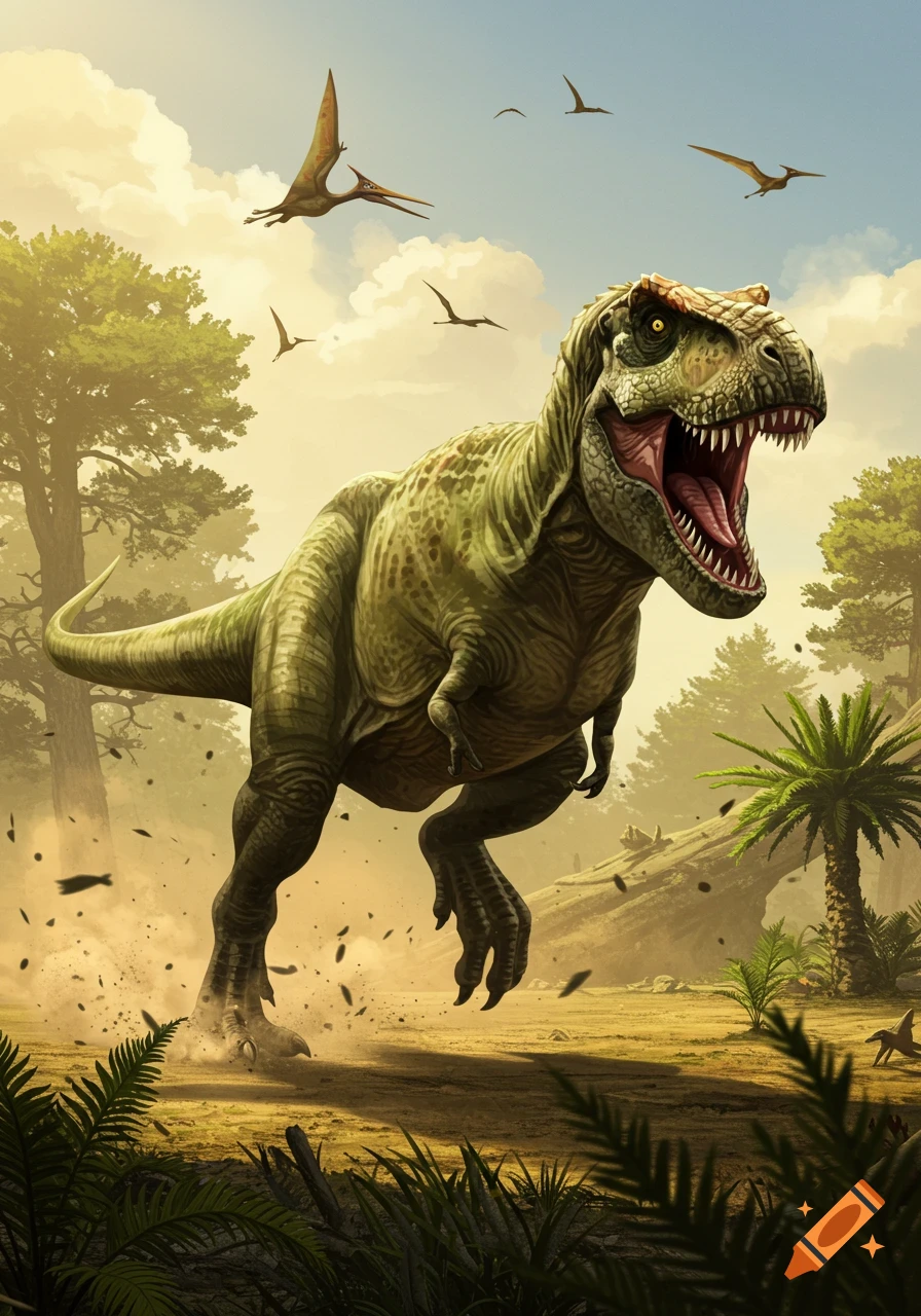 A powerful green T-Rex runs and roars in a prehistoric jungle, kicking up dust, with pterodactyls flying above.
