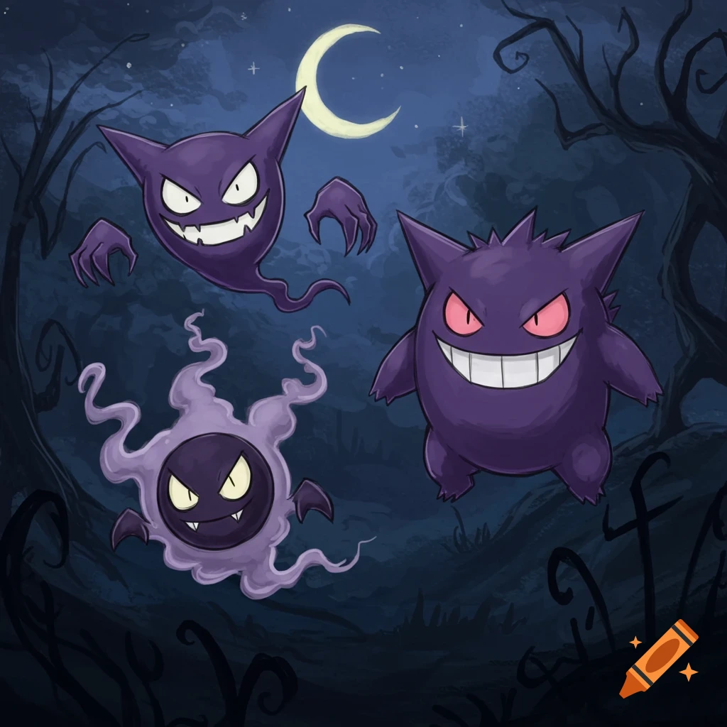 Gastly, Haunter, and Gengar Pokémon in a dark, spooky Tim Burton inspired sketch under a crescent moon.