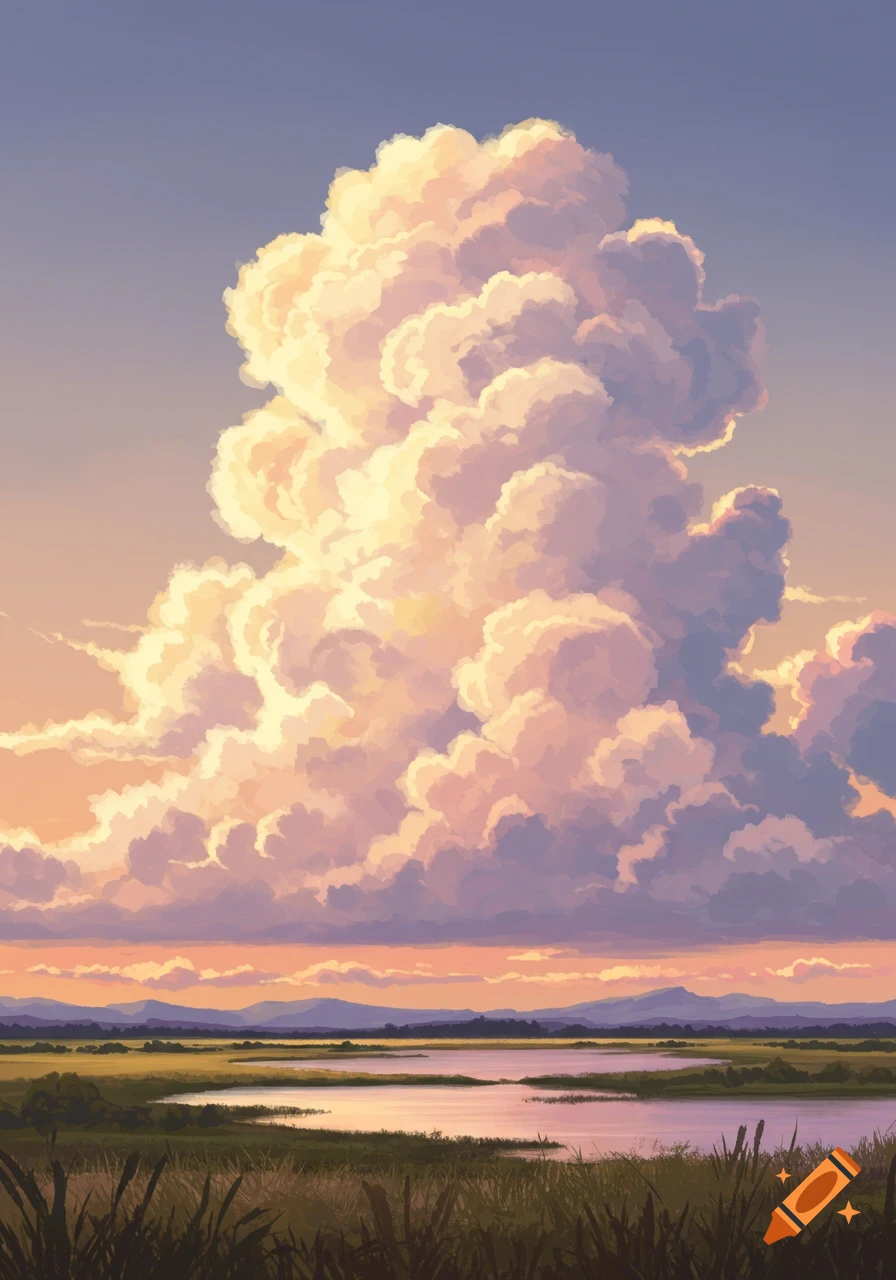 A large, sunlit cloud towers over a peaceful landscape with a winding river and green fields at sunset, digital painting.