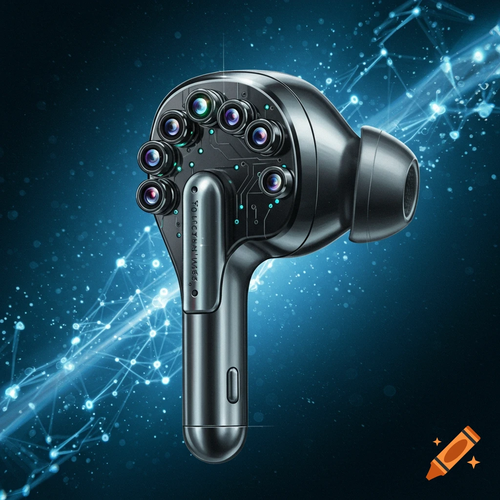 A futuristic gray earbud with multiple camera lenses embedded in its side, against a dark blue background with glowing digital network lines.