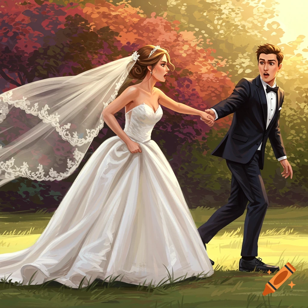 Illustrated scene of a bride in a white gown urgently pulling her surprised groom through a colorful, sunlit wooded path.