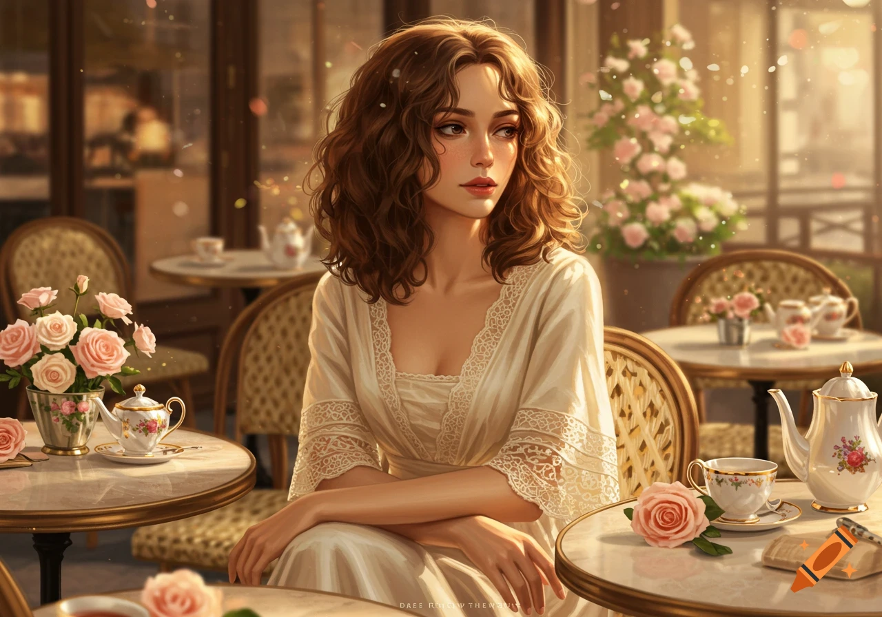 A young woman with curly brown hair sits at a sunlit outdoor cafe with pink roses and tea sets.