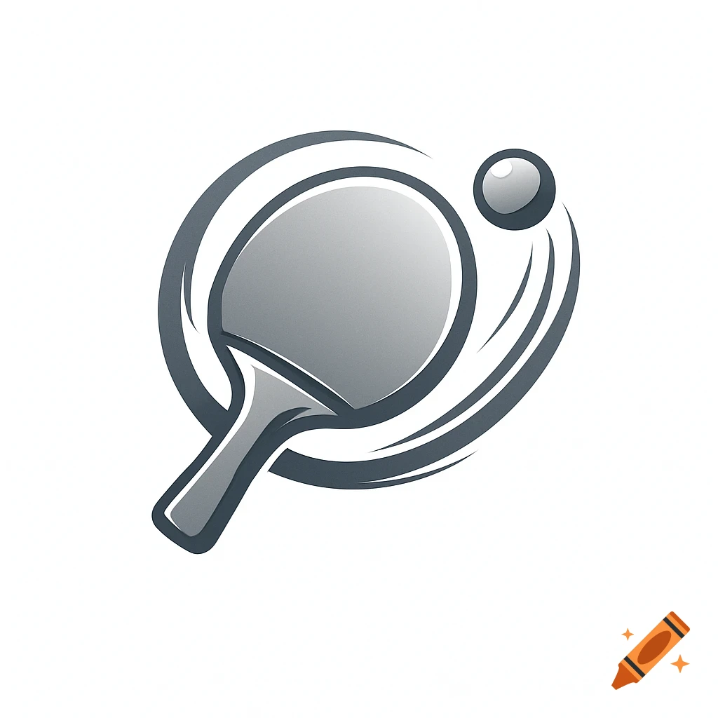 Stylized grey table tennis paddle and ball logo with motion lines on a white background.