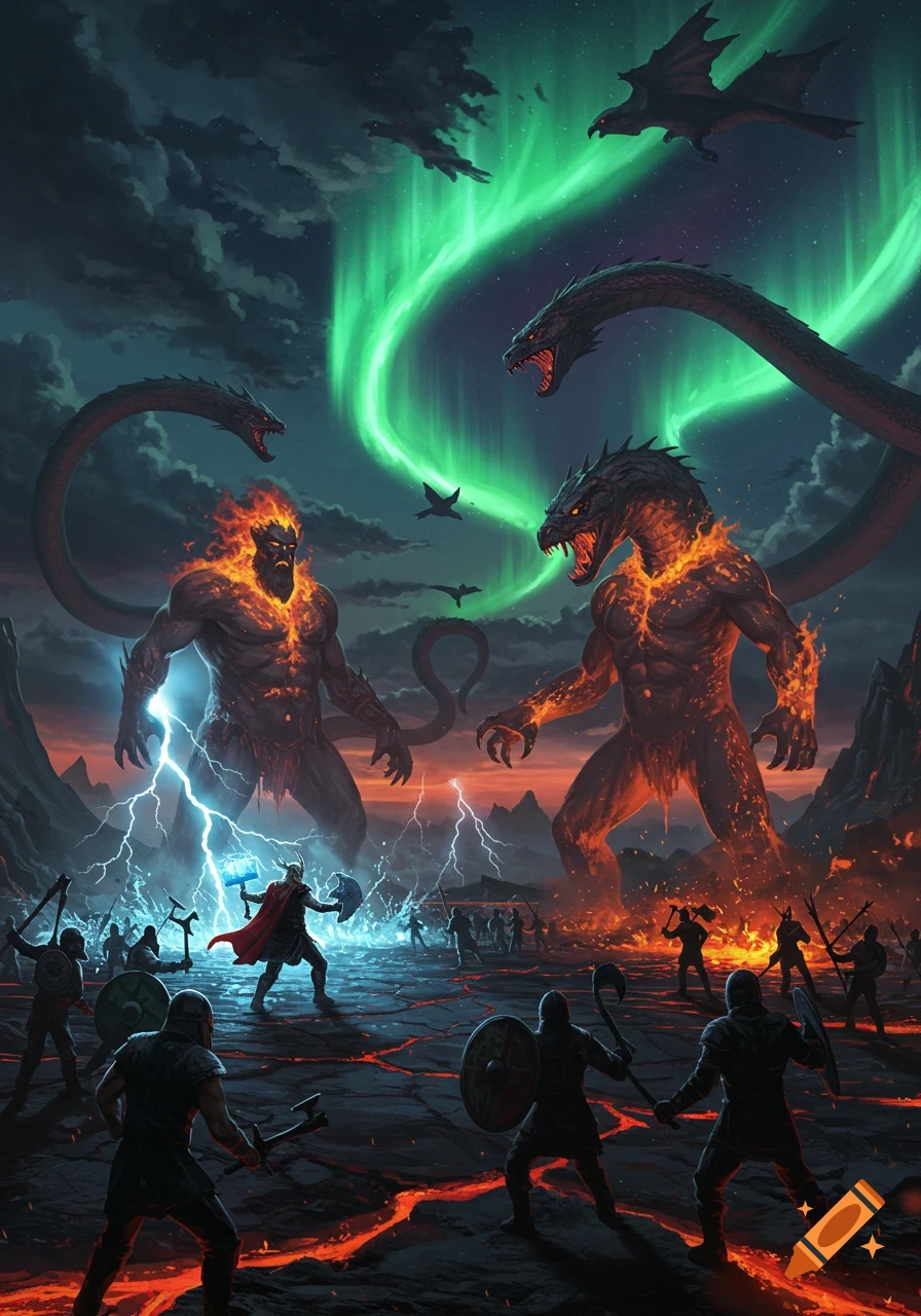 Epic mythological battle with a hero against two colossal fire giants, surrounded by warriors, serpents, and a green aurora.