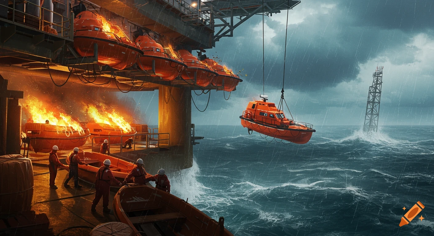 Photorealistic scene of an oil rig disaster with lifeboats on fire, one launching into a stormy sea, and workers evacuating.