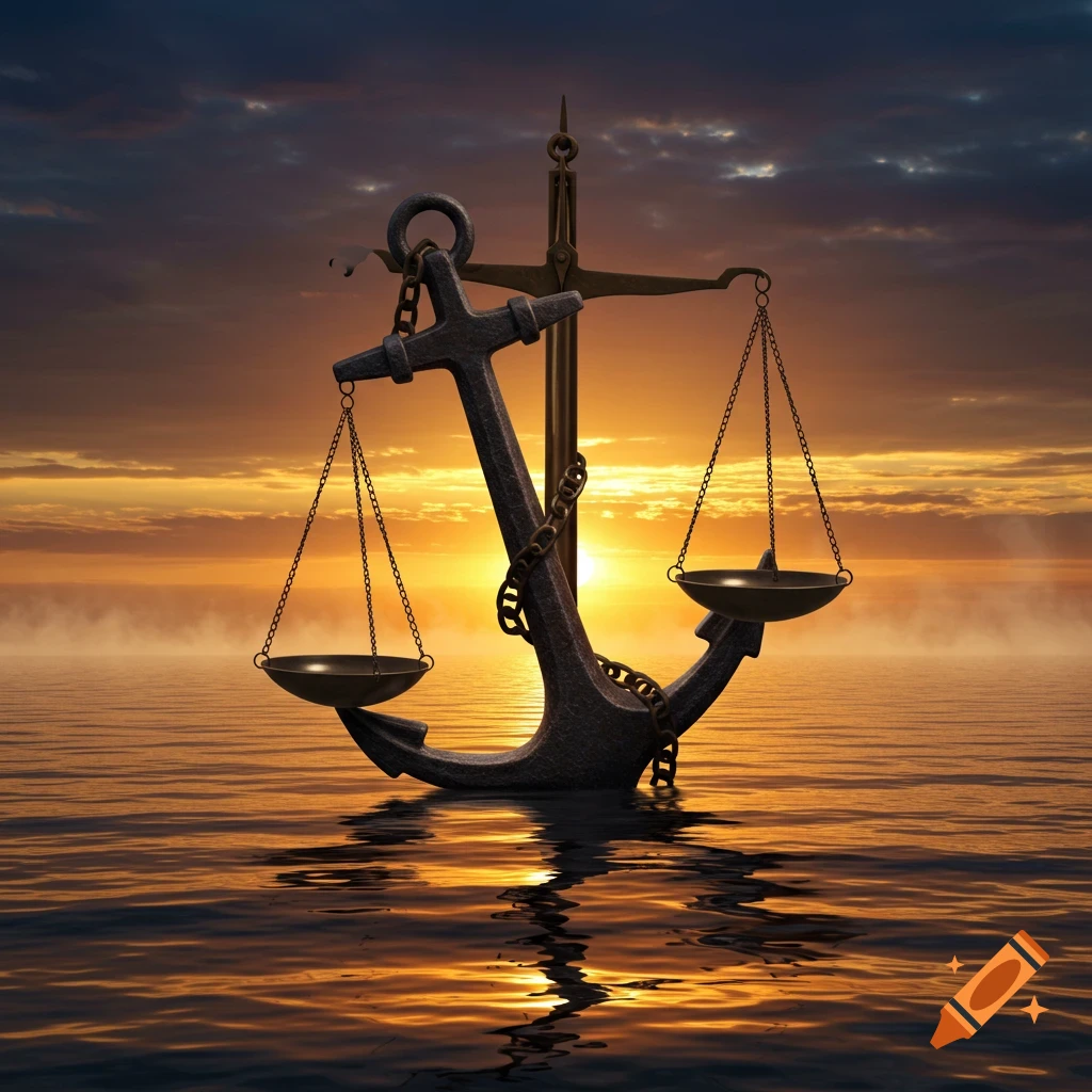 A dark, rusty anchor with a balance scale attached, rising from reflective ocean water against a vibrant sunset.