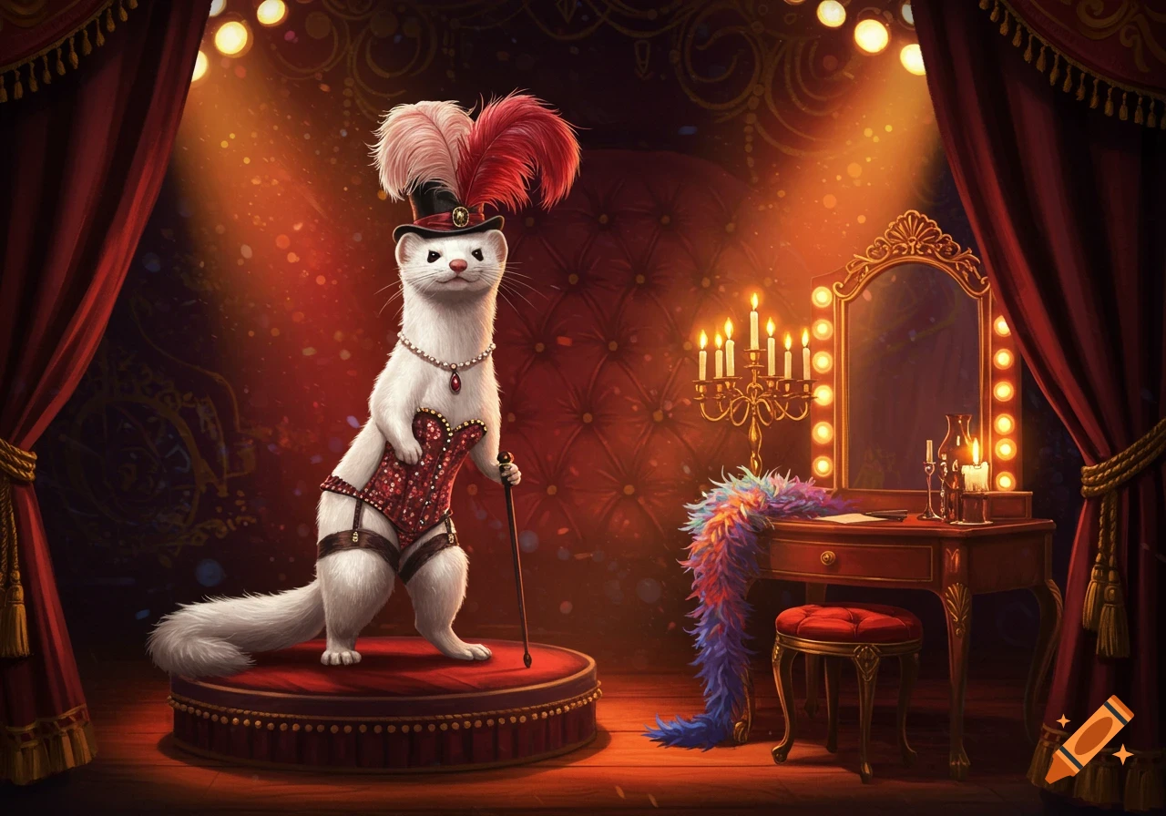 A white stoat dressed as a showgirl in a red corset, stockings, and feathered top hat, standing on a stage with curtains and a dressing table.