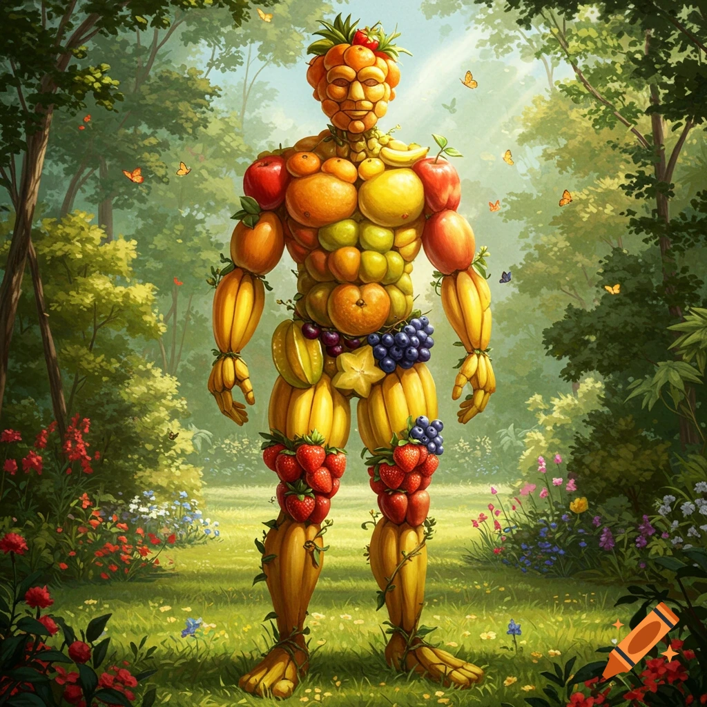 A muscular humanoid figure made of fruits stands in a lush, sunlit forest with butterflies, in a detailed illustration.
