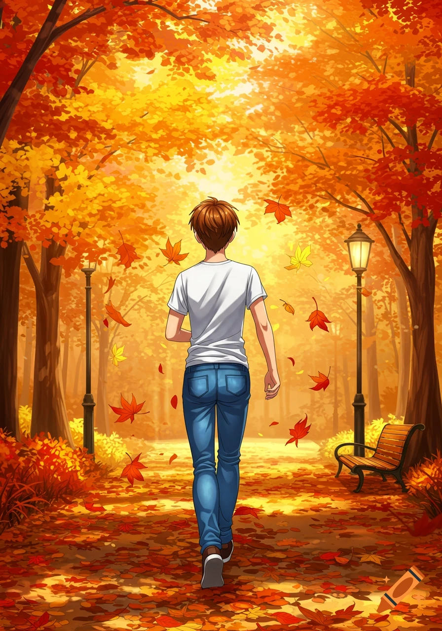 Anime guy walking away on a path in an autumn park with red and yellow leaves.