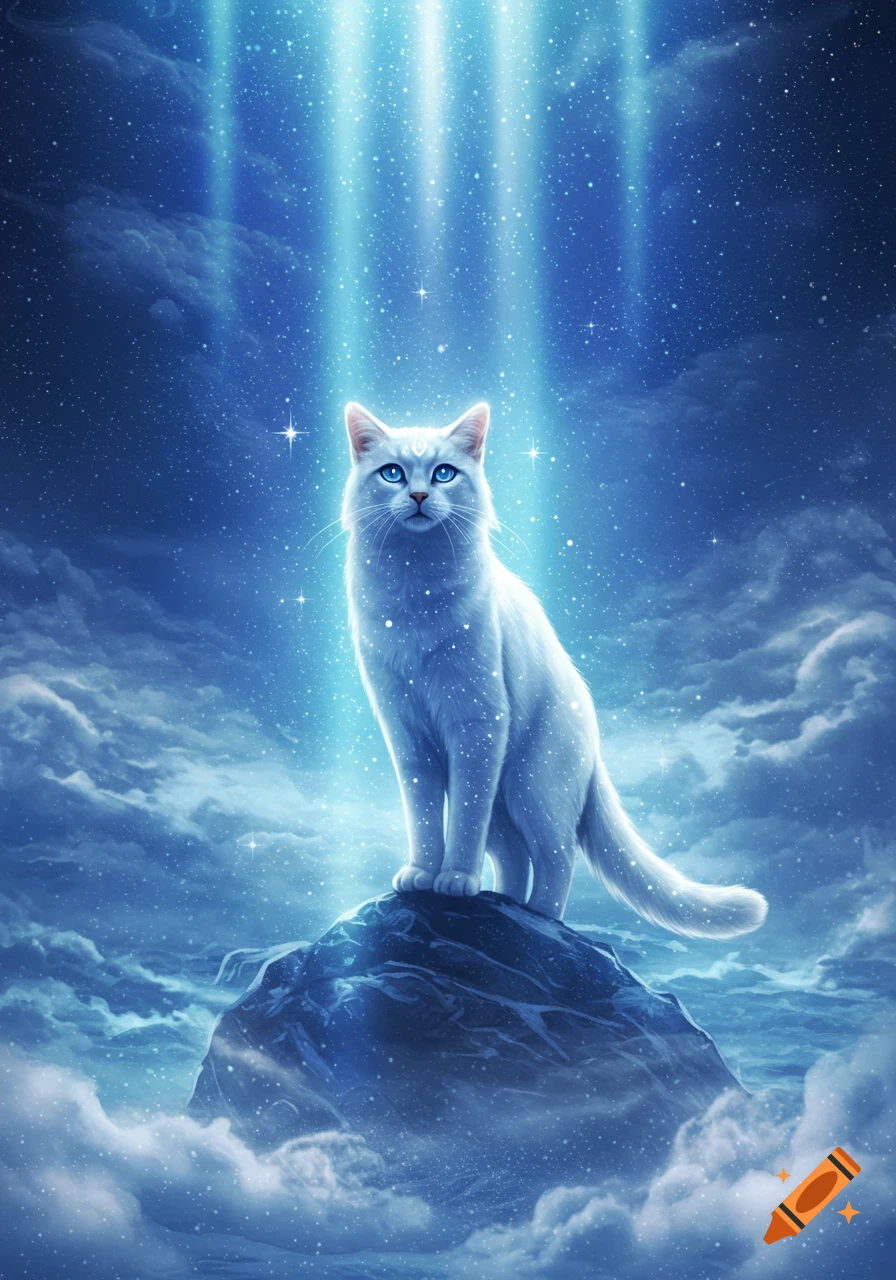 A majestic white cat with piercing blue eyes stands on a snowy rock, illuminated by ethereal blue light rays under a starry, cloudy night sky.
