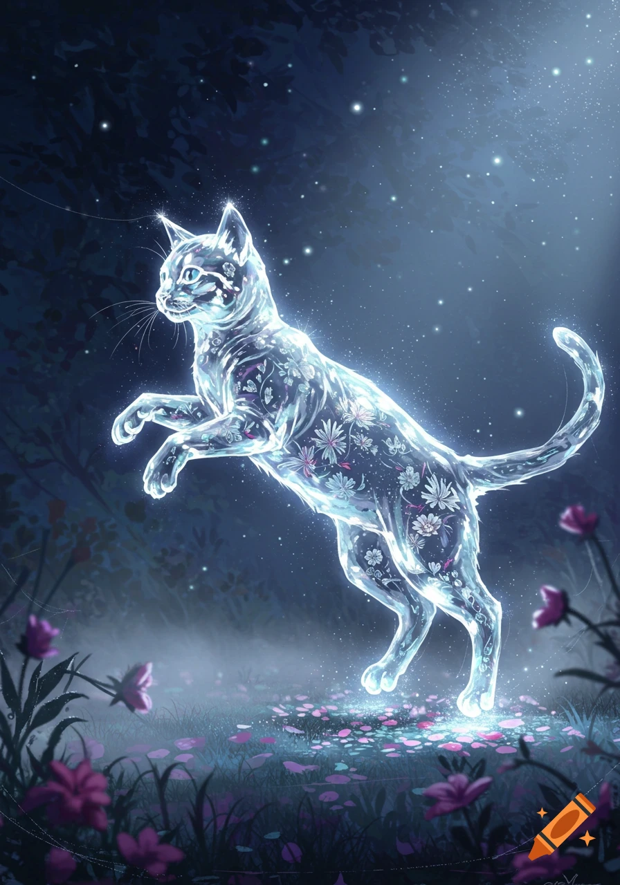 A glowing, crystalline cat with colorful flowers inside leaps in a magical dark forest under sparkling lights, with glowing flowers on the ground.
