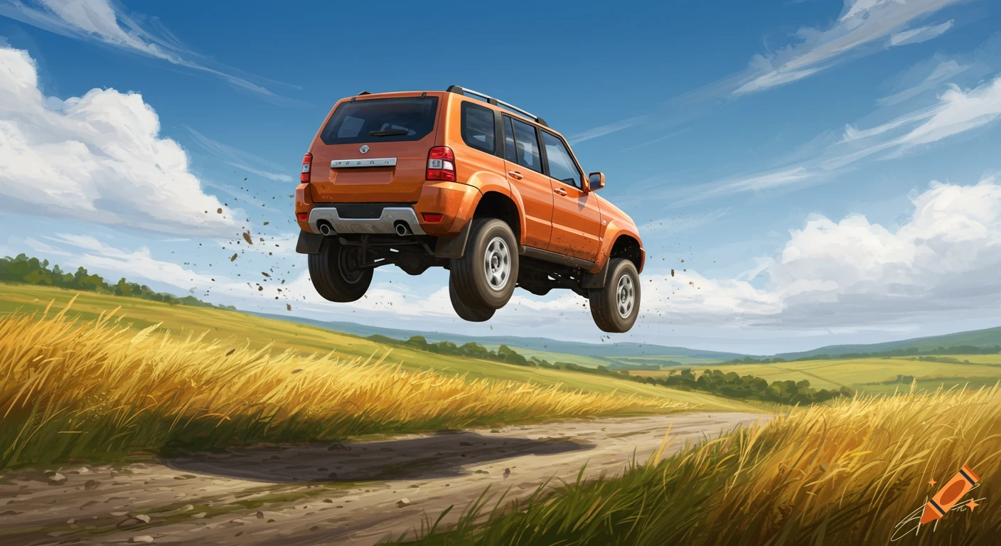 An orange SUV jumps over a dirt road through golden fields under a blue sky, in a digital art style.