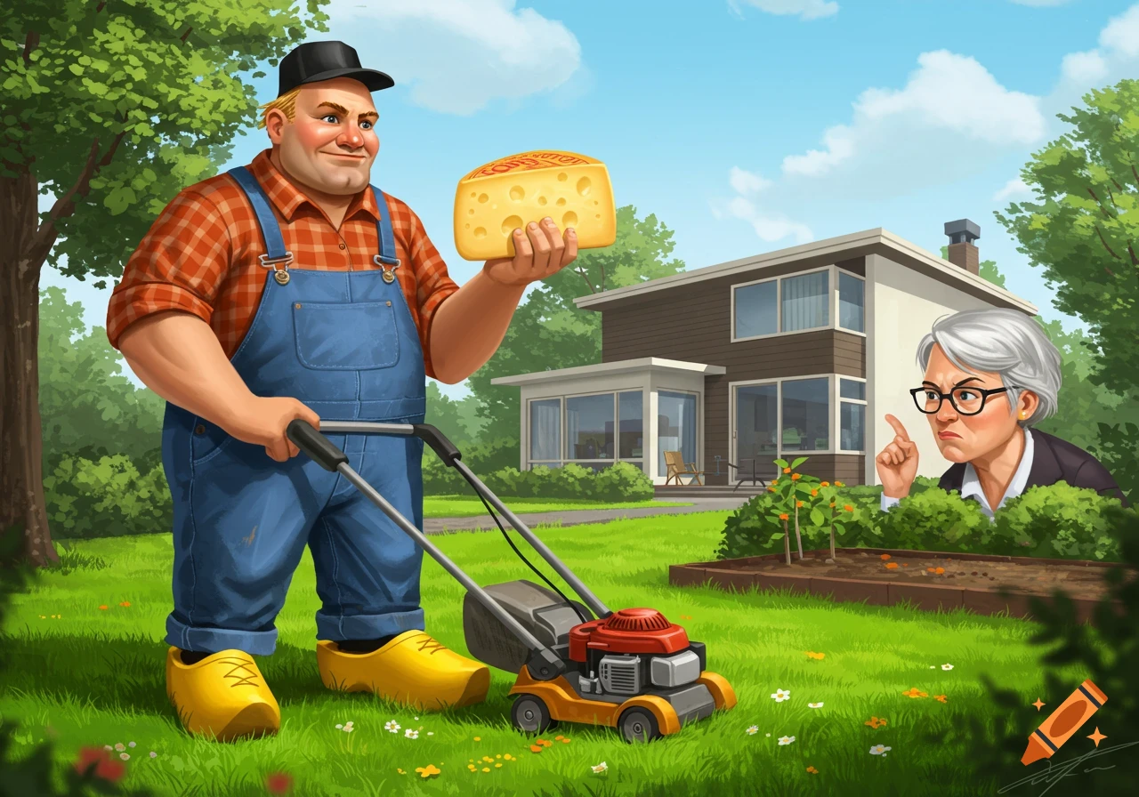 A cartoon Dutchman in clogs mows a lawn while holding a block of cheese, as an angry woman watches from a bush.