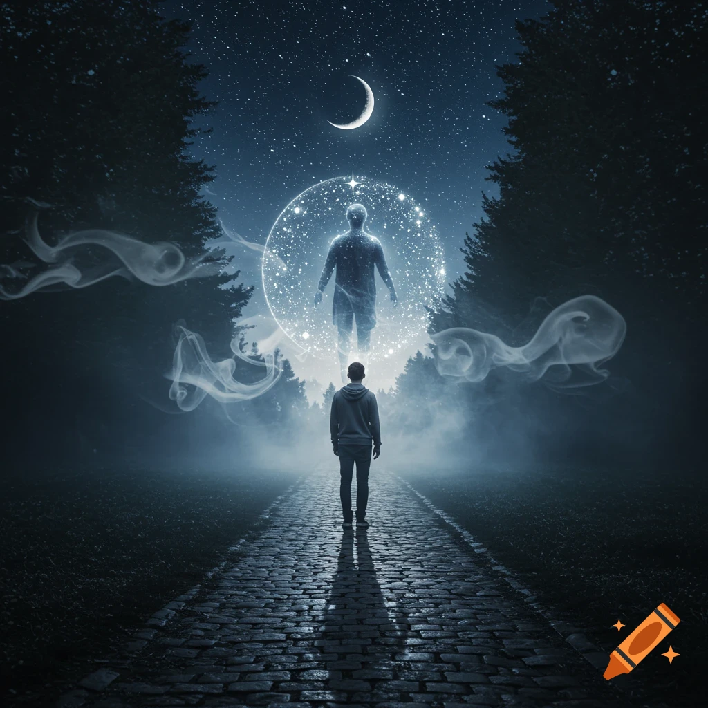 A person on a cobblestone path looks up at a glowing ethereal figure in a misty dark forest under a starry night and crescent moon.