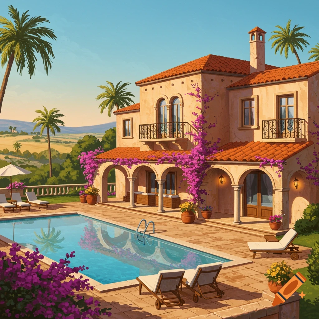 A beautiful Mediterranean-style villa with a swimming pool, surrounded by palm trees and lush greenery under a clear sky.