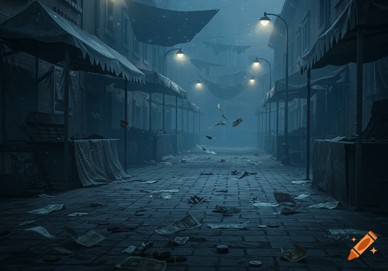 A dark, misty market street at night, illuminated by streetlights, with abandoned stalls and scattered money on cobblestones.