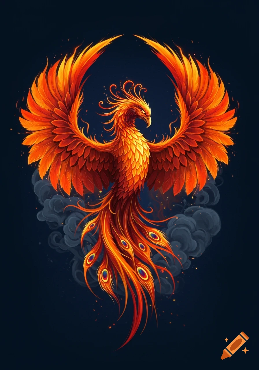 Vibrant, fiery phoenix with outstretched wings rising from dark smoke, in an illustrative style.