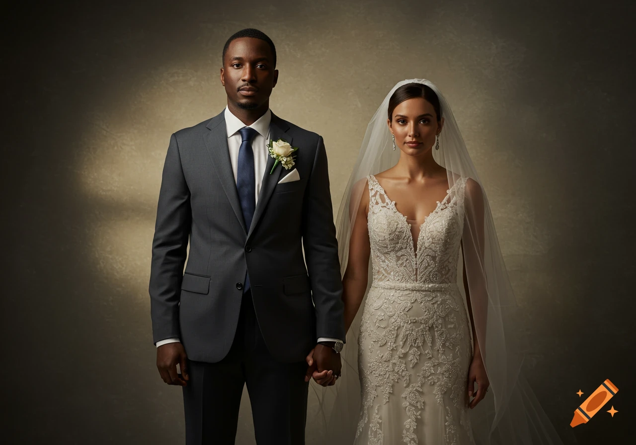 A diverse bride in a white lace wedding dress and veil and a groom in a gray suit holding hands, standing in a studio.