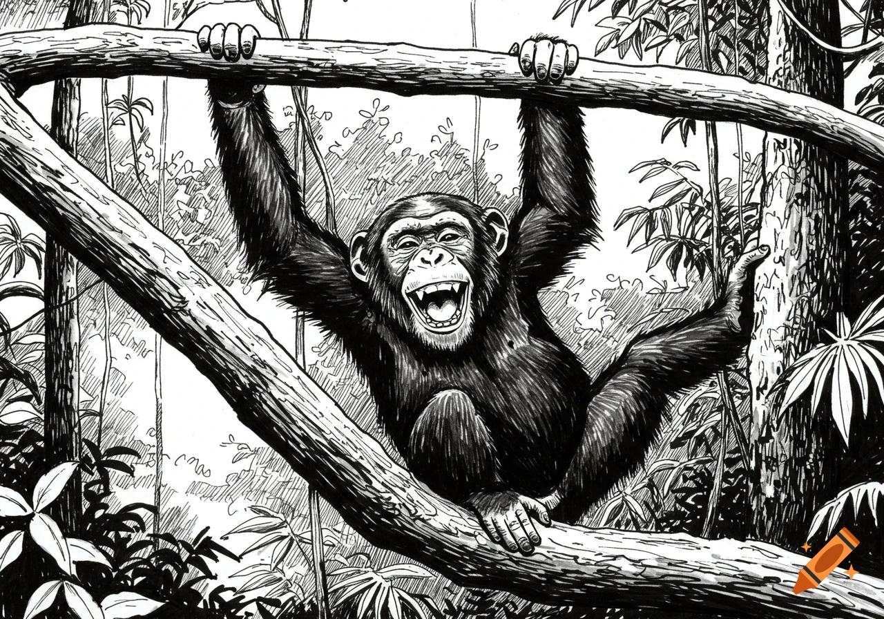 A black and white ink drawing of a happy chimpanzee hanging from a tree branch in a jungle.