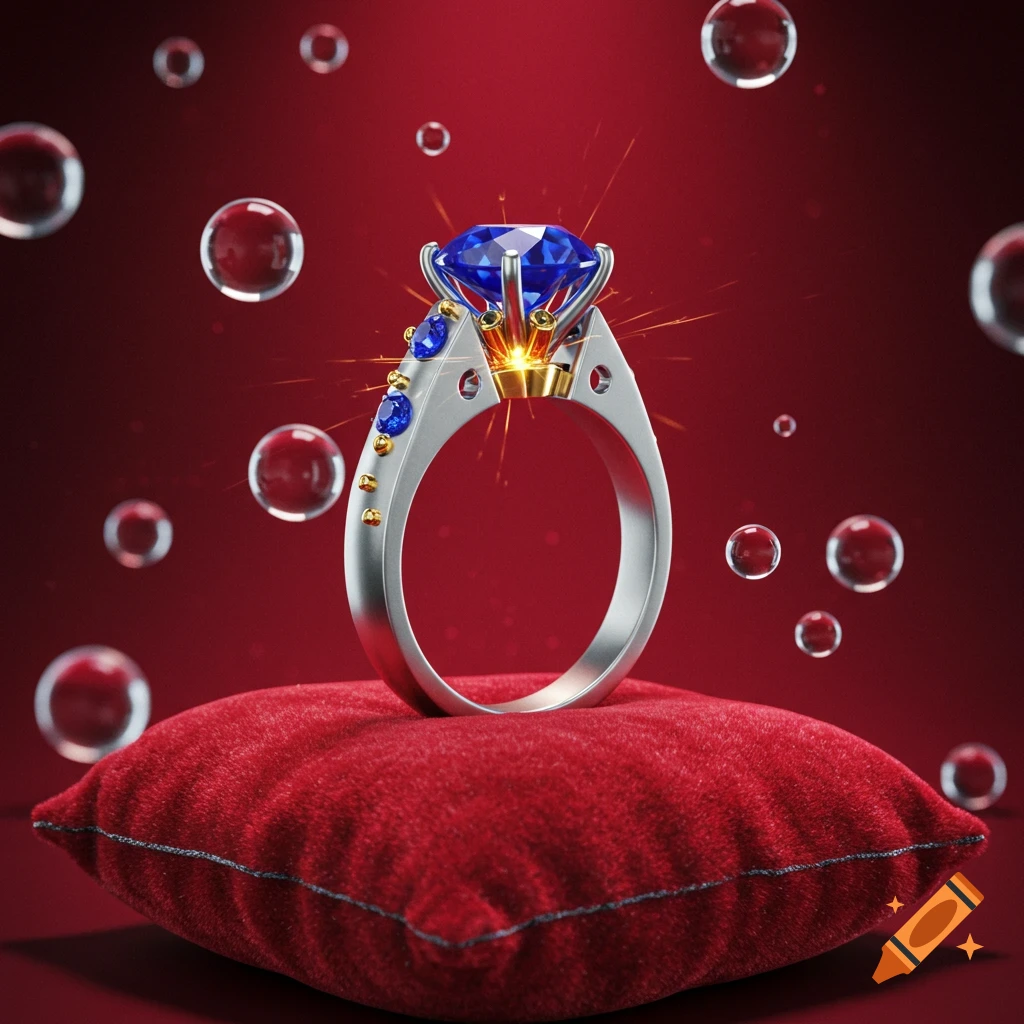A sparkling silver ring with a large blue gemstone and smaller blue gems, accented with gold, rests on a red velvet cushion against a red background with floating bubbles.