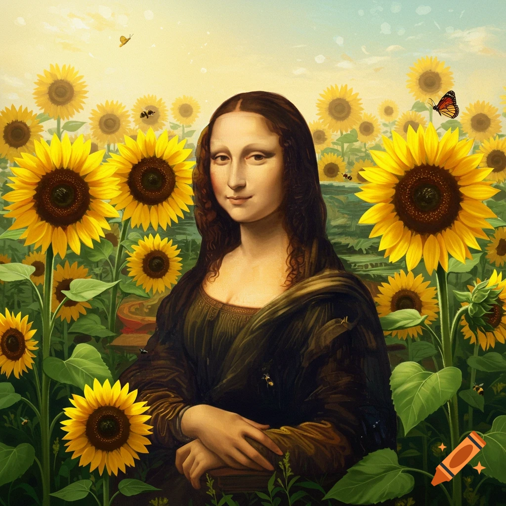 The Mona Lisa painting depicted in a field of bright yellow sunflowers under a sunny sky, with butterflies and bees.