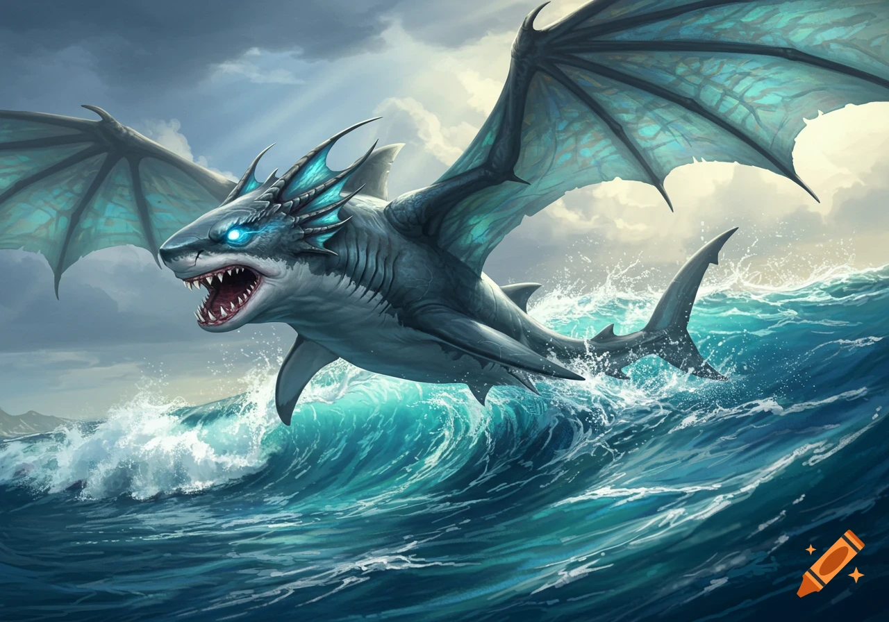 A ferocious shark-dragon with glowing blue eyes and large wings bursts from turbulent ocean waves under a cloudy sky.