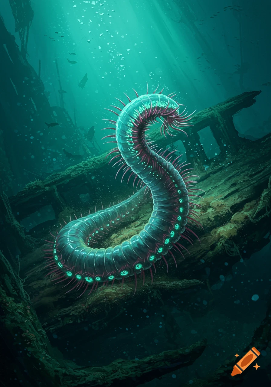 A bioluminescent zombie worm with many spiny legs and glowing green eyes floats next to a submerged shipwreck in deep blue water.