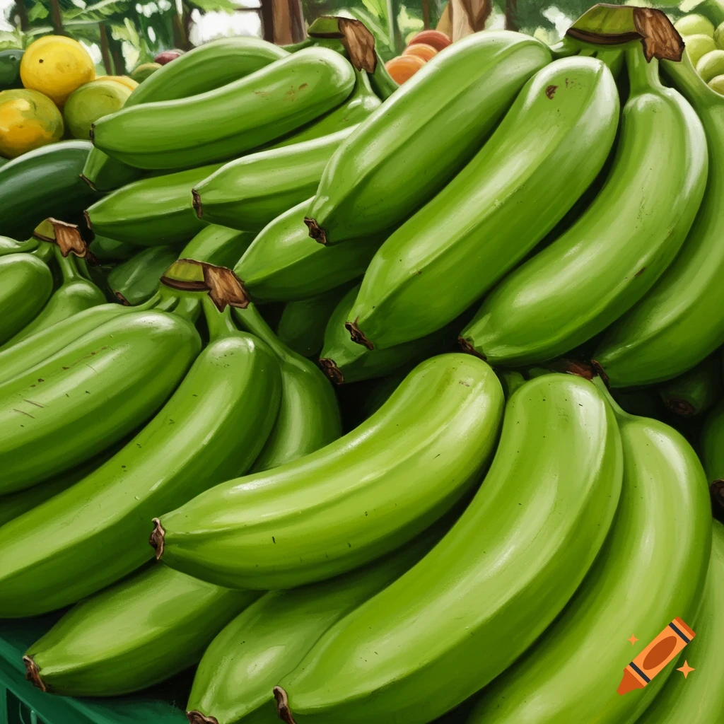A close-up shot of a large pile of fresh green plantains, with some yellow fruit visible in the blurred background.