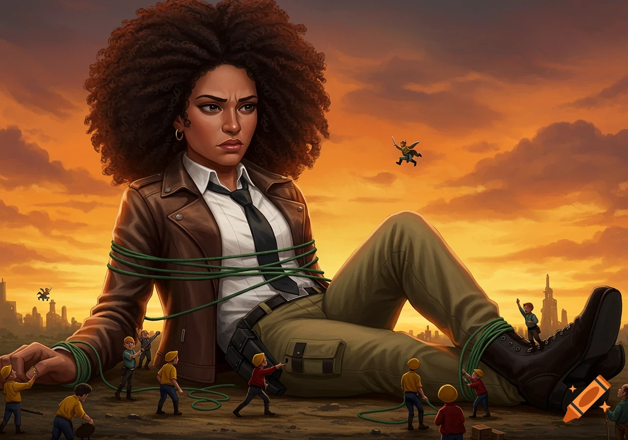A giant woman with an afro hairstyle, tied down by tiny people, lies on the ground at dusk.