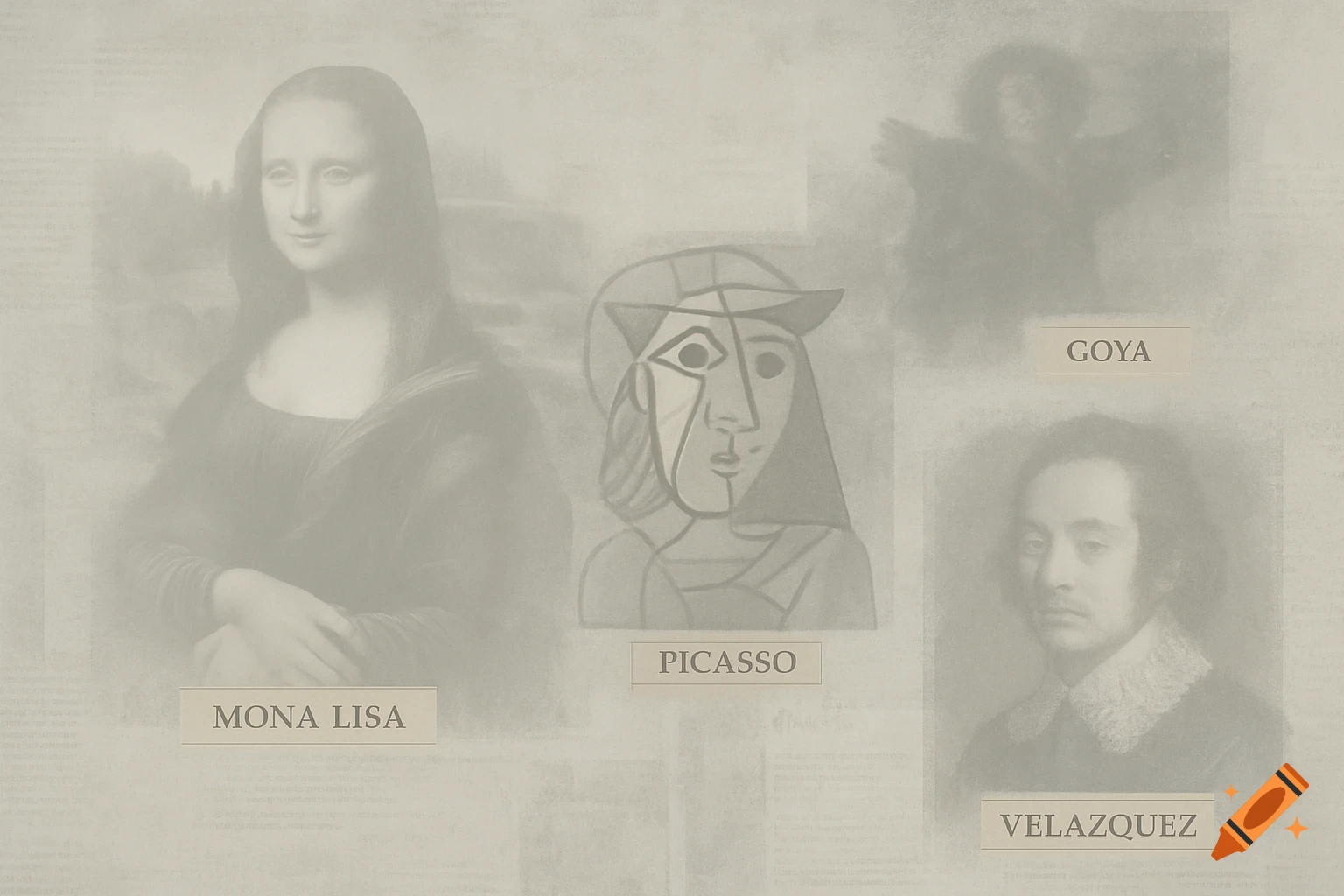 A muted, blurry collage of famous paintings including Mona Lisa, a Cubist Picasso, Goya, and Velazquez portraits, with artist names labeled.