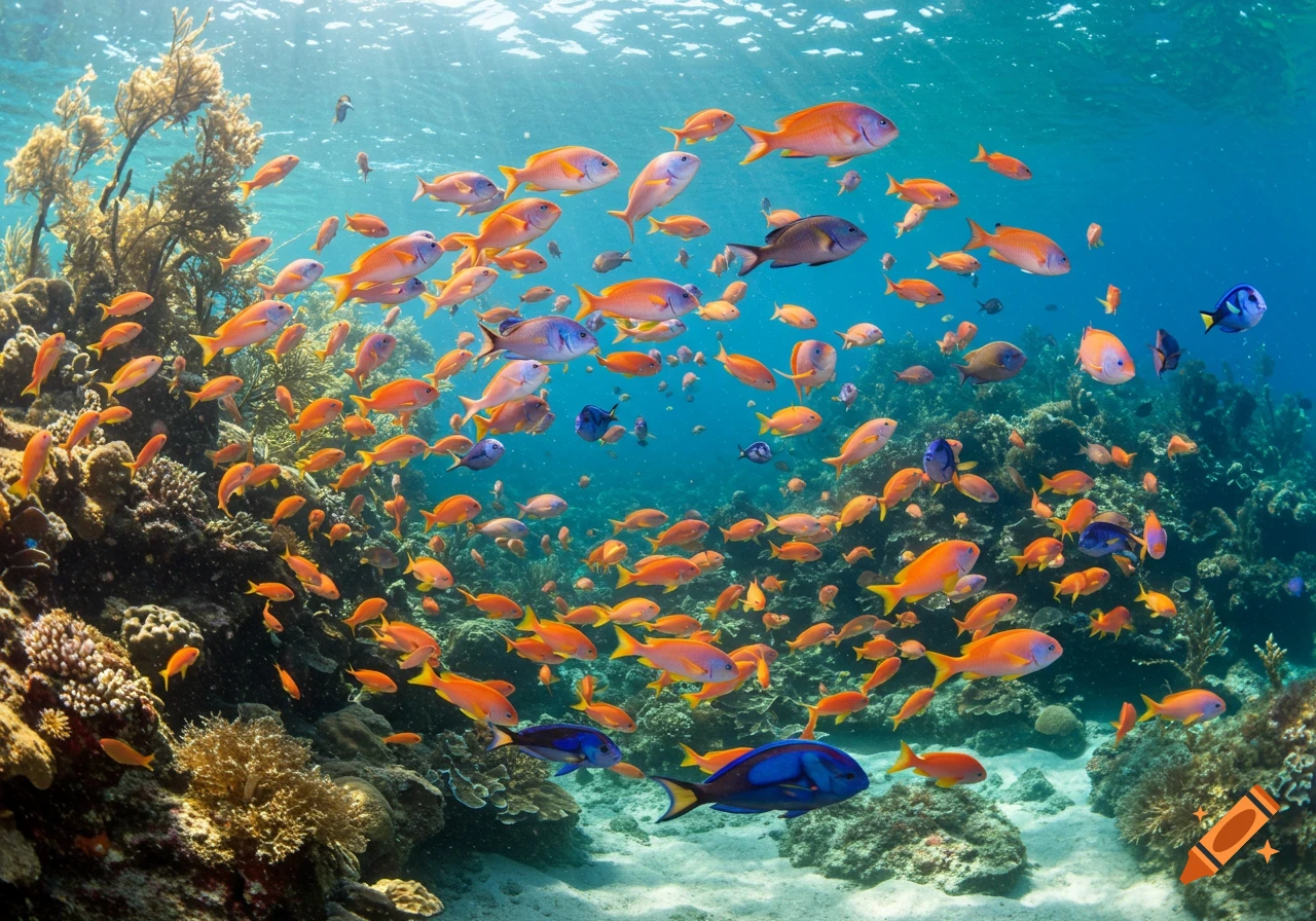 A vibrant school of colorful fish swim around a coral reef in clear blue ocean water, illuminated by sunlight.
