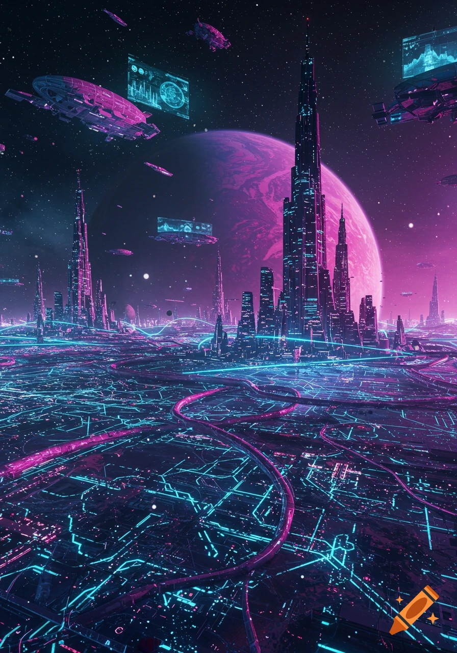 A vibrant, neon-lit futuristic city on a cyber planet under a large purple planet and starry sky, with flying vehicles.
