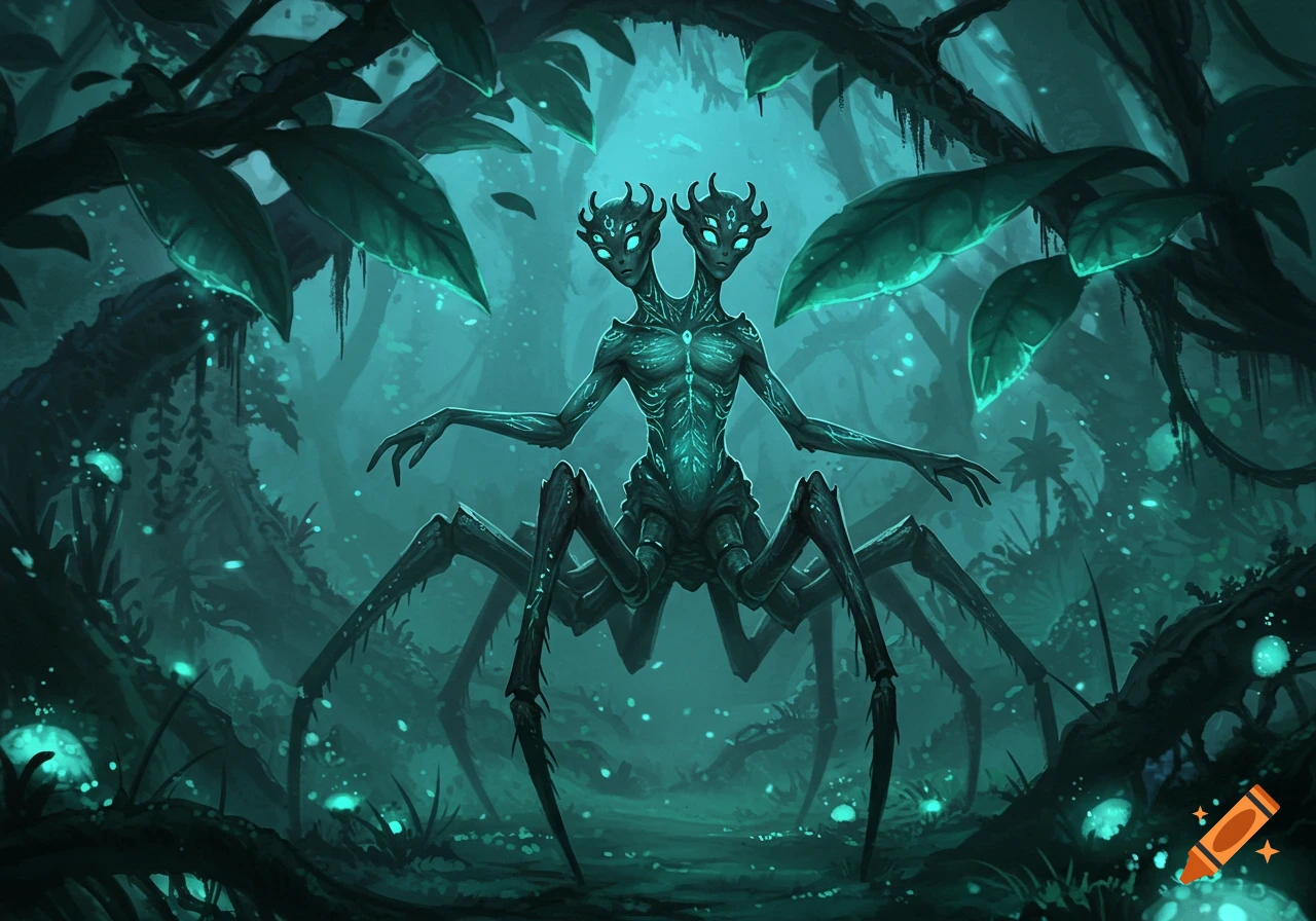 Two-headed alien creature with human arms and eight spider legs stands in a dark, bioluminescent jungle. Digital art.