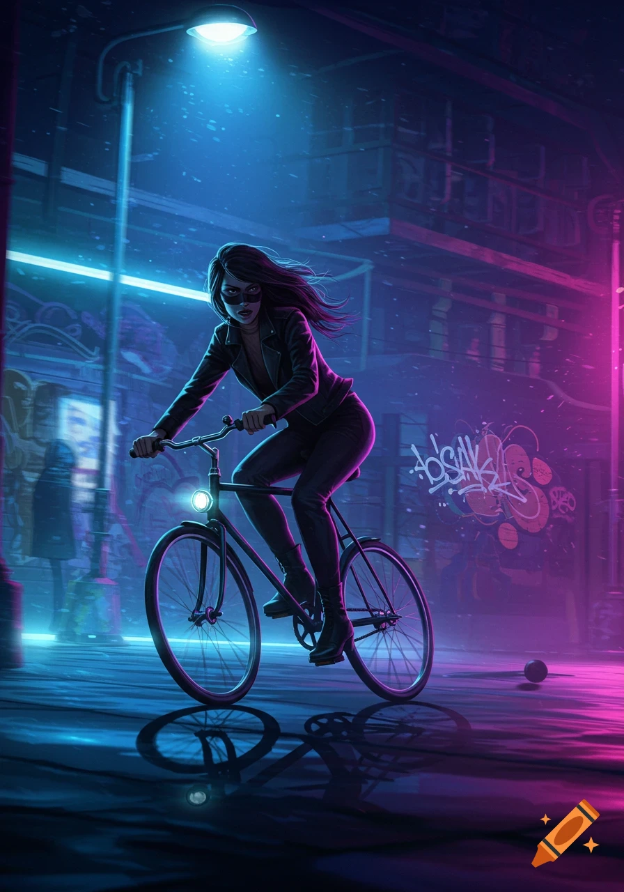 A woman in a black leather jacket and mask rides a bicycle through a neon-lit futuristic city street at night, digital art.