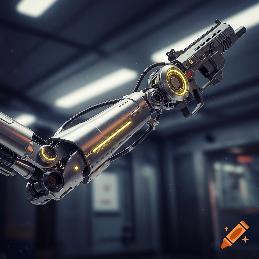 Photorealistic image of a futuristic, metallic robotic arm with glowing yellow accents, holding a black airsoft gun against a blurred dark background.