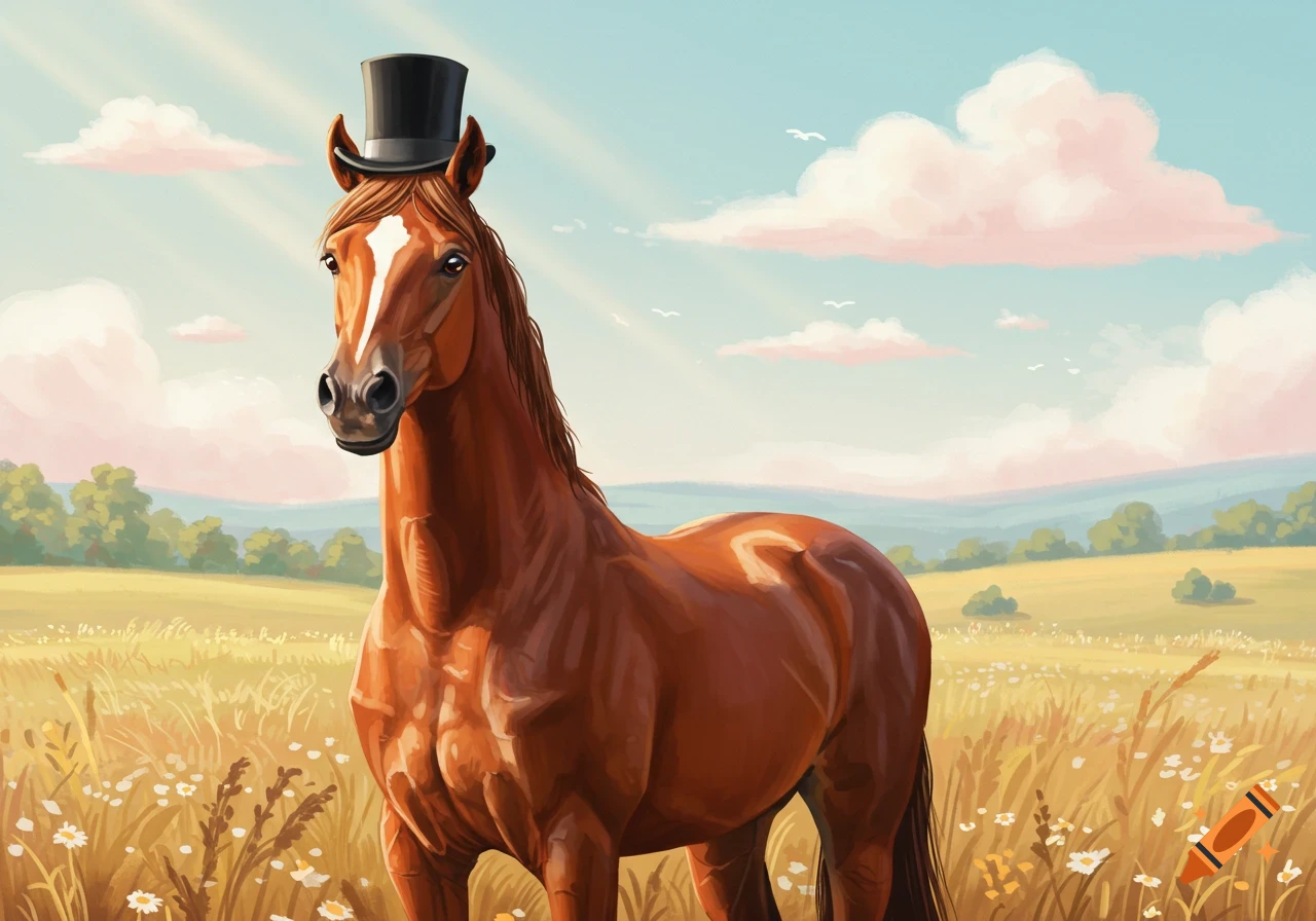 A majestic brown horse wearing a black top hat stands in a sunny field filled with wildflowers, under a blue sky with pink clouds.