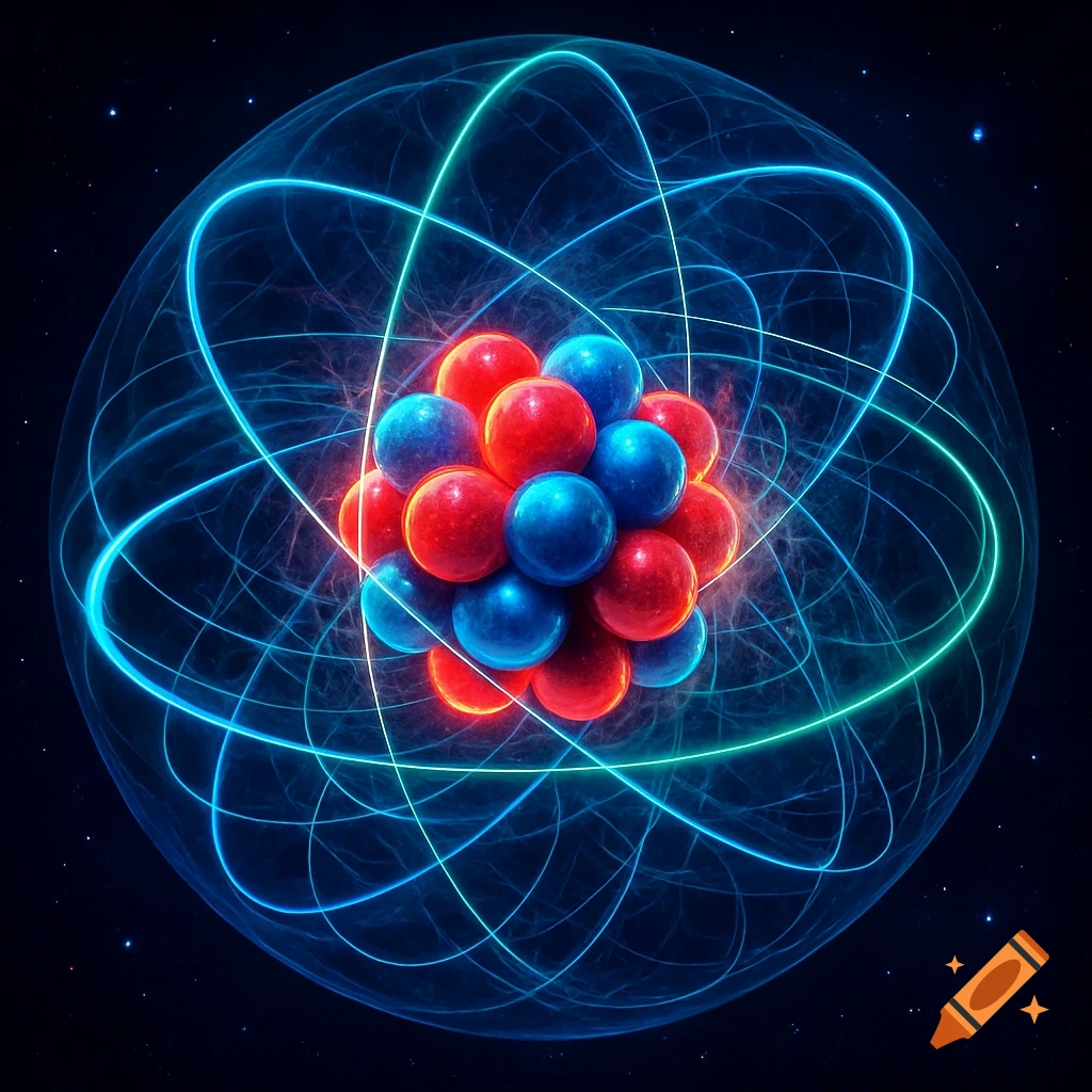 A vibrant, glowing atomic structure with a core of red and blue spheres surrounded by luminous blue orbital trails against a starry dark background.
