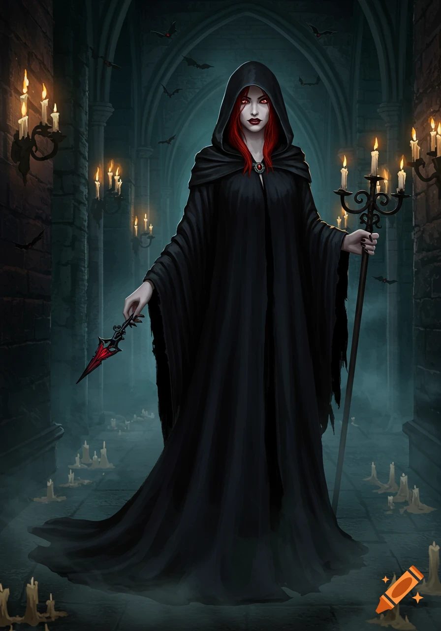 A red-haired female vampire in black robes, with glowing red eyes, stands in a candlelit gothic hall, holding a dagger and a candelabra.