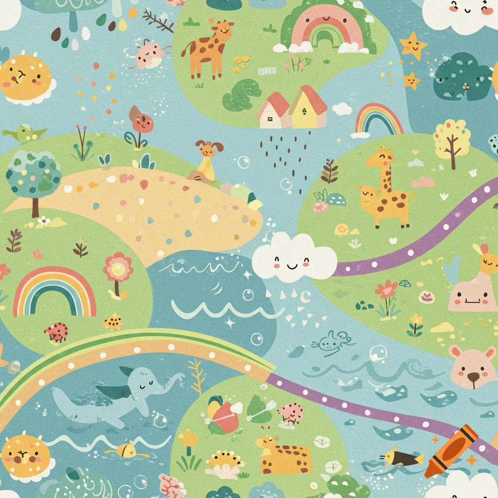A vibrant, whimsical children's illustration of a landscape with cartoon animals, houses, rainbows, and clouds.