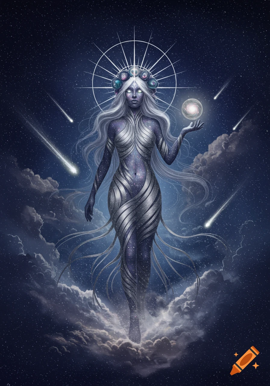 A cosmic goddess-like figure with star-dusted skin and silver garments stands among stars and clouds, holding a glowing orb. Fantasy art.