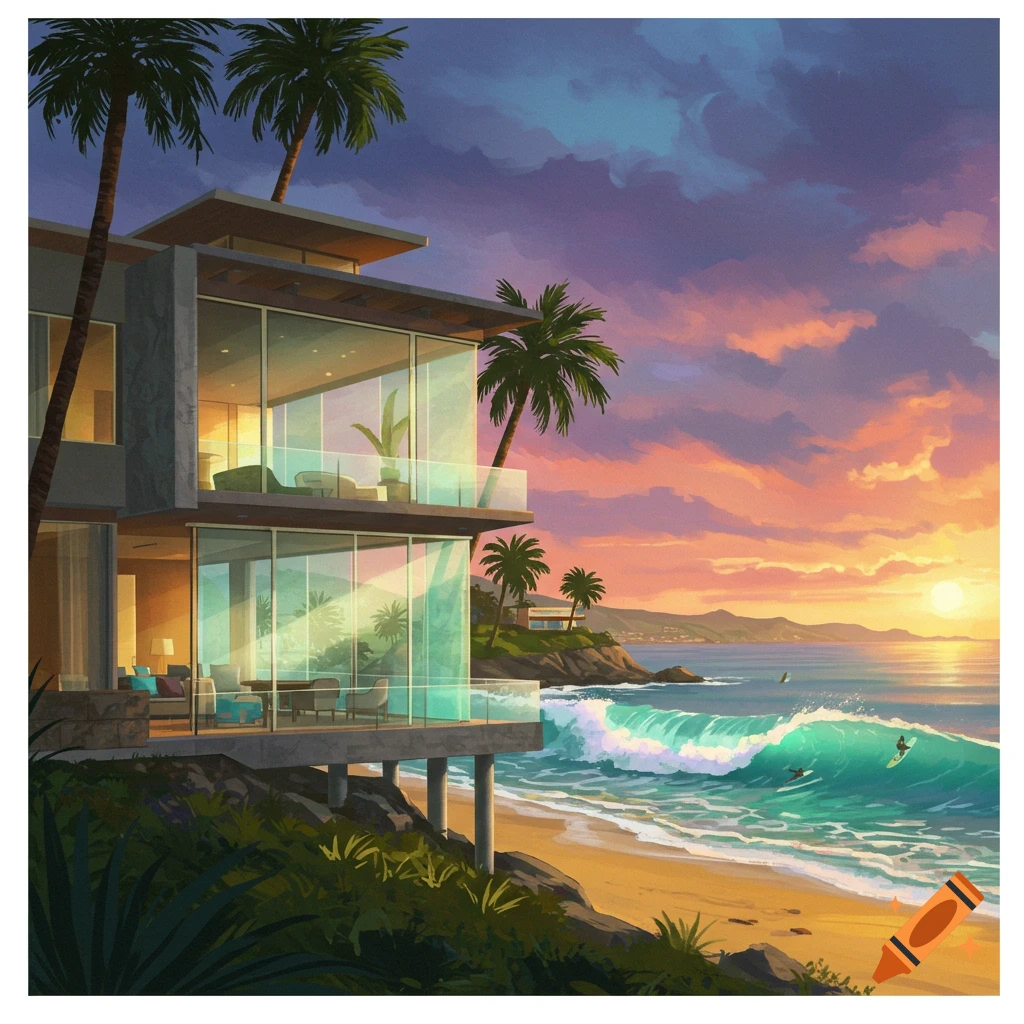Illustrated modern beach house on a cliff overlooking a sunset beach with palm trees and surfers.