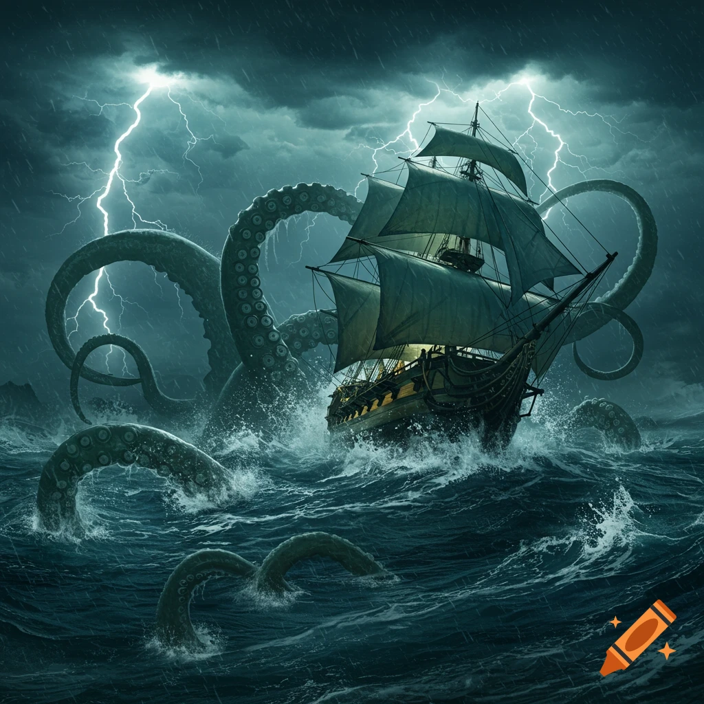 A massive kraken attacks a sailing ship in a stormy sea with lightning, in a dark fantasy art style.
