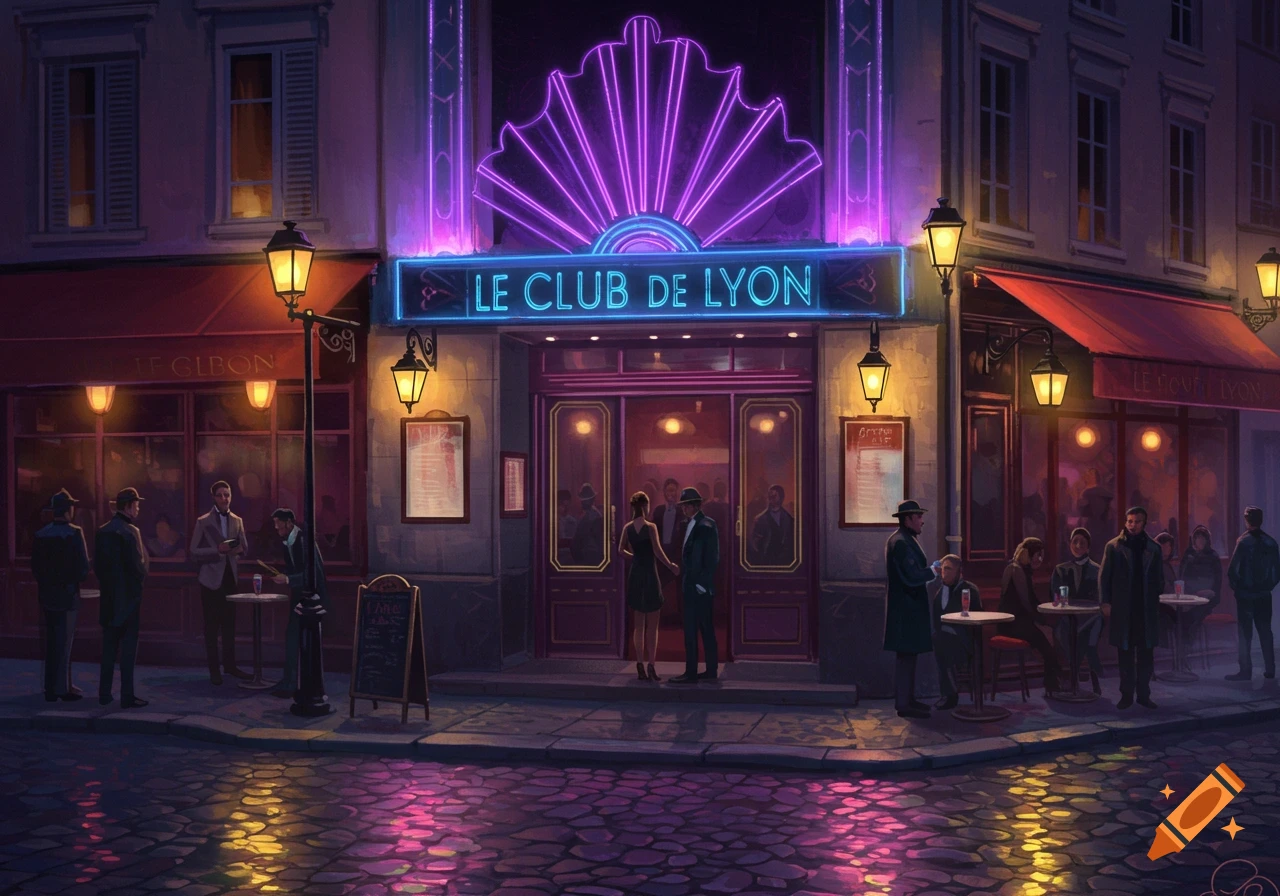 A nighttime illustration of a "Le Club de Lyon" building with neon lights and a street scene with people and glowing lampposts.