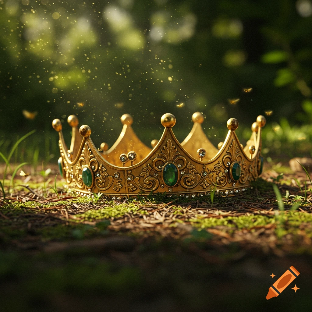 A detailed golden crown adorned with green jewels, nestled on mossy forest ground with sparkling light filtering through trees.