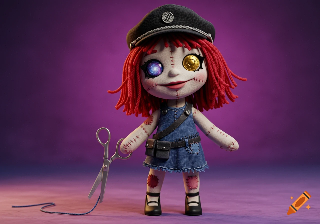 A stylized puppet girl with red yarn hair, a black hat, mismatched eyes (galaxy, gold coin), stitched body, a denim dress, and large silver scissors.