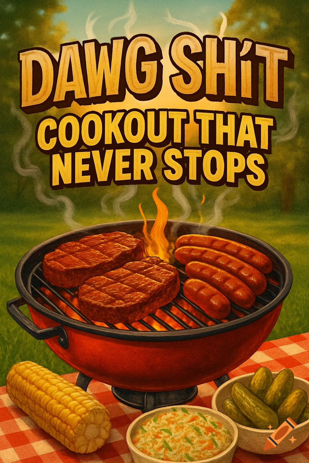 Illustrated poster for a cookout with a grill, steaks, sausages, corn, and sides, featuring the text 'DAWG SH!T COOKOUT THAT NEVER STOPS'.