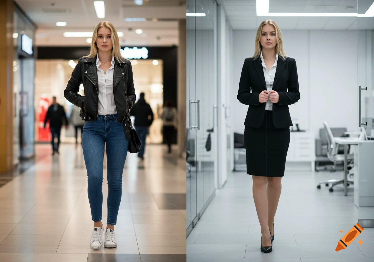 A split image shows a blonde woman in a black jacket and jeans in a mall on the left, and a black suit in an office on the right.