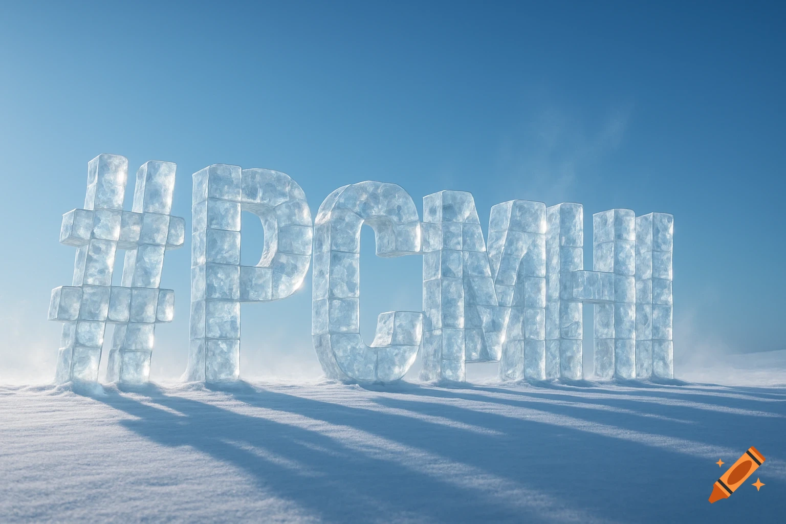 Ice cubes forming the hashtag #PCMHI stand in a snowy landscape under a clear blue sky.