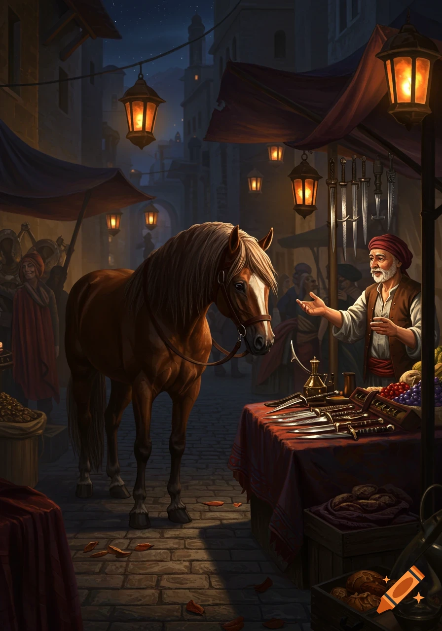 A brown horse stands next to a street vendor selling daggers at a bustling, dimly lit night market. Digital painting.
