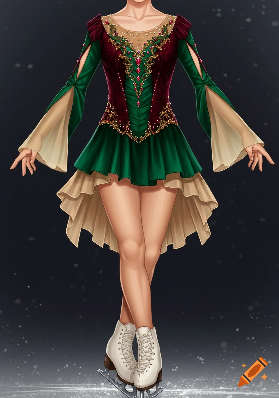 A detailed digital art rendering of a medieval-inspired figure skating dress in deep burgundy, emerald green, and champagne with gold filigree and jewels.
